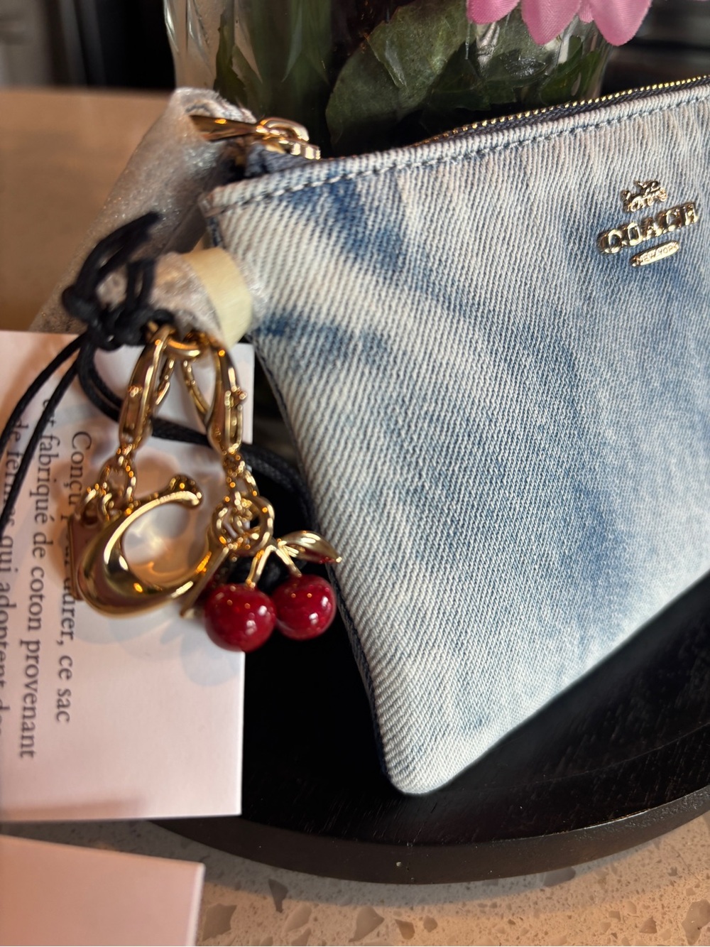 Coach Loved Denim Blue Wristlet Bag with Gold Logo and Cherry Charms! 🍒 NEW - Picture 3 of 8